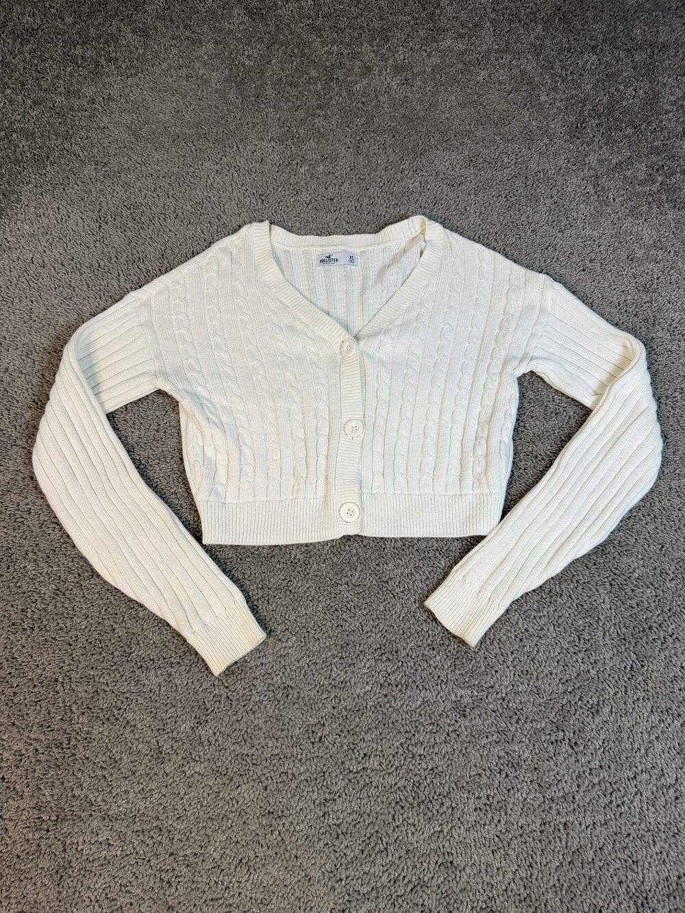 Hollister Sweater Cardigan Womens XS White Cropped Cable-Knit Button Front